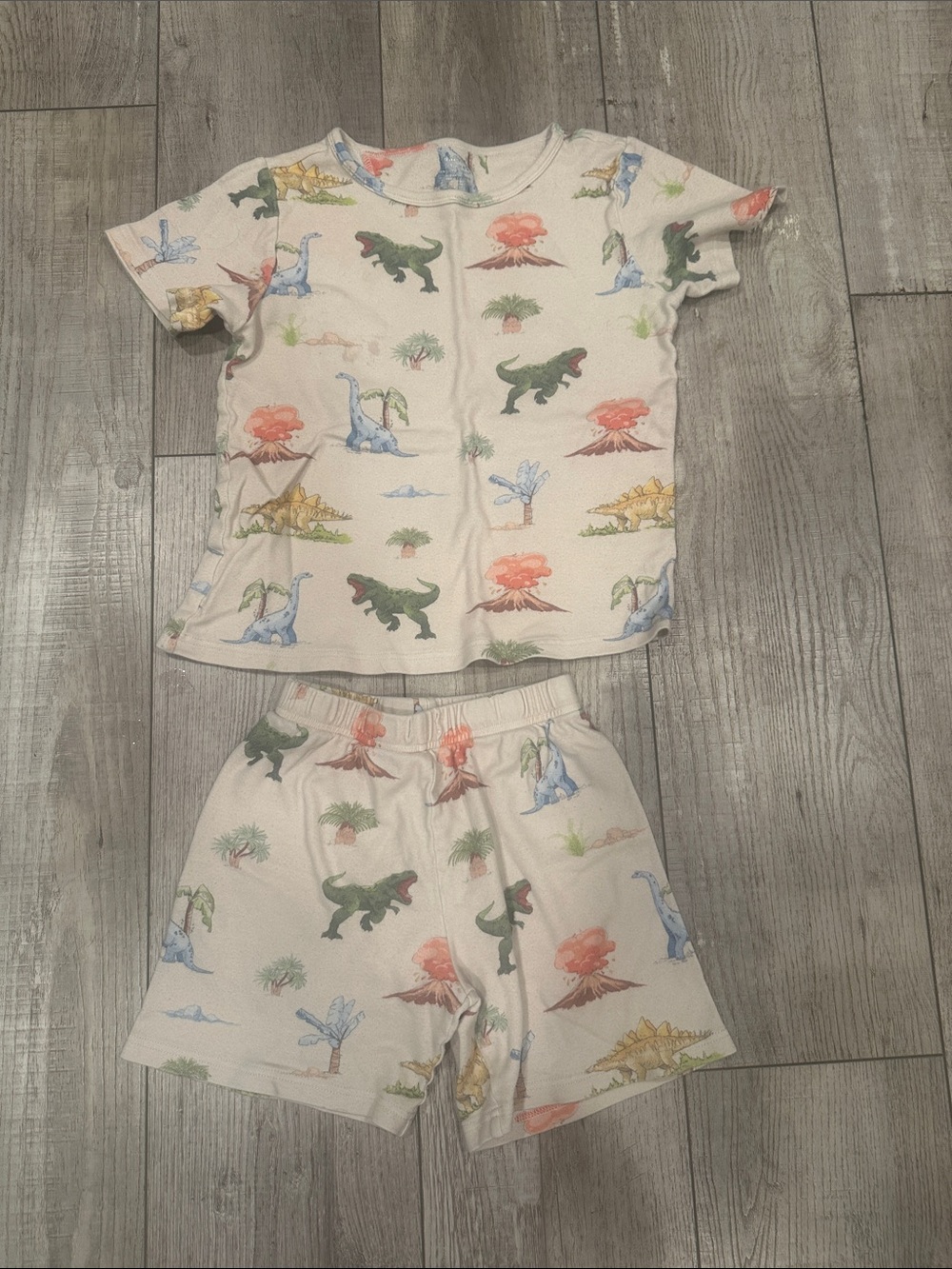 Cream Dinosaur Short Sleeve Pajama Set for Kids